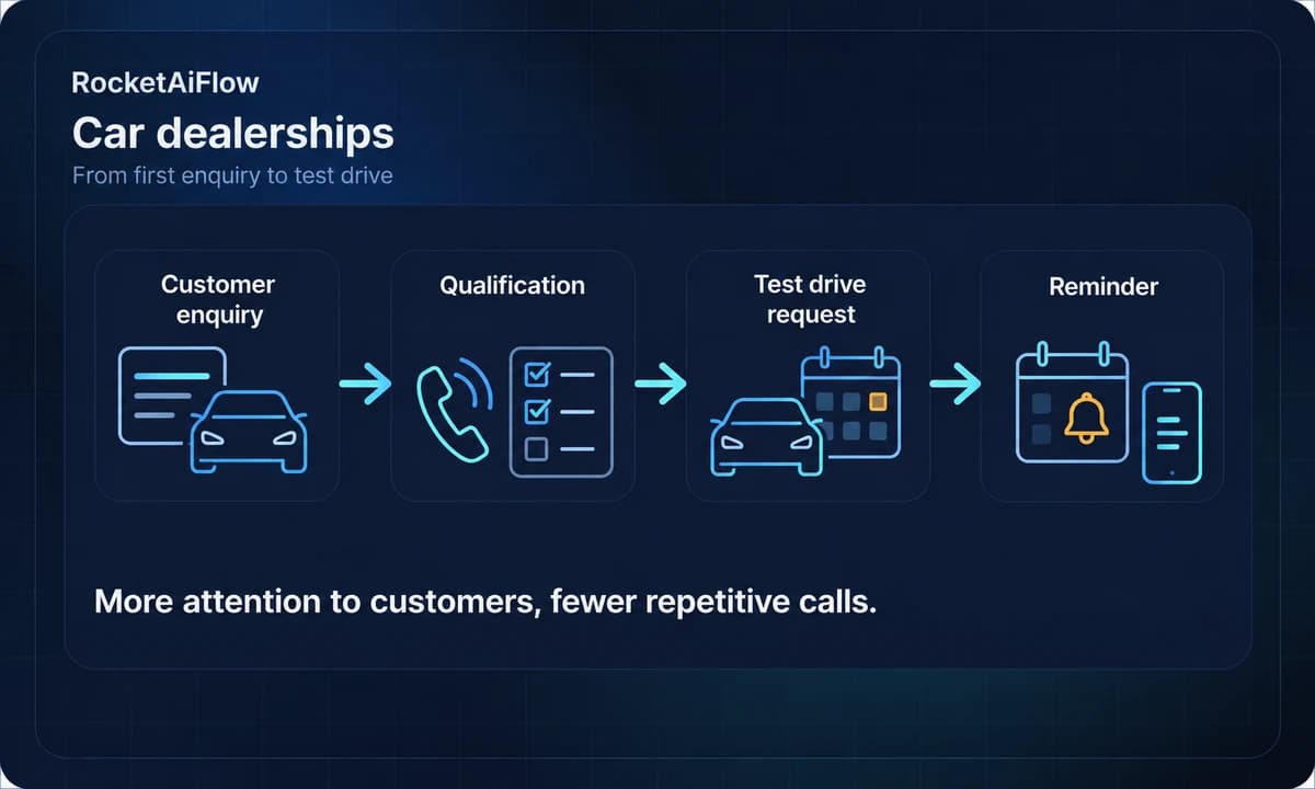 AI workflow for car dealerships: customer enquiry, qualification, test drive request and reminder.