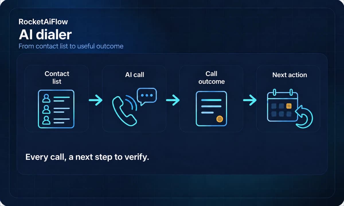 AI dialer workflow: contact list, AI call, call outcome and next action.