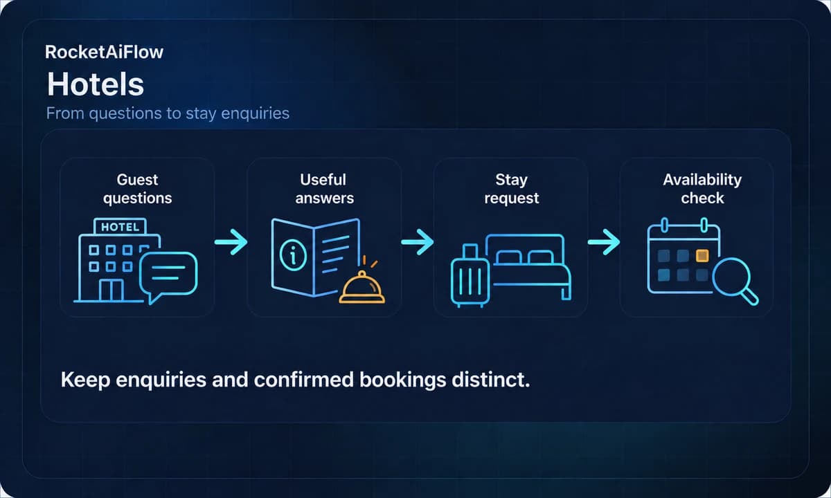 AI workflow for hotels: guest questions, useful answers, stay request and availability check.