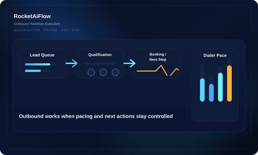 Dashboard scura di workflow outbound con qualificazione, flusso del prossimo passo e ritmo chiamate del dialer