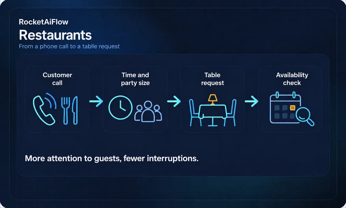 AI workflow for restaurants: customer call, time and party size, table request and availability check.