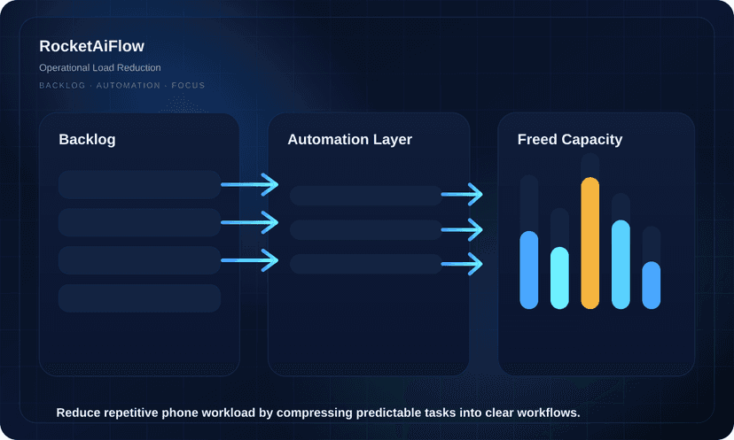 Dashboard scura di operations con backlog, flusso di automazione e capacità liberata