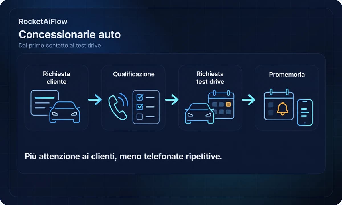 Flusso AI per concessionarie: richiesta cliente, qualificazione, richiesta test drive e promemoria.