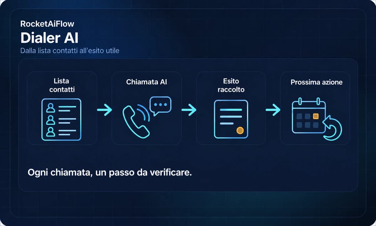 Flusso del dialer AI: lista contatti, chiamata AI, esito raccolto e prossima azione.