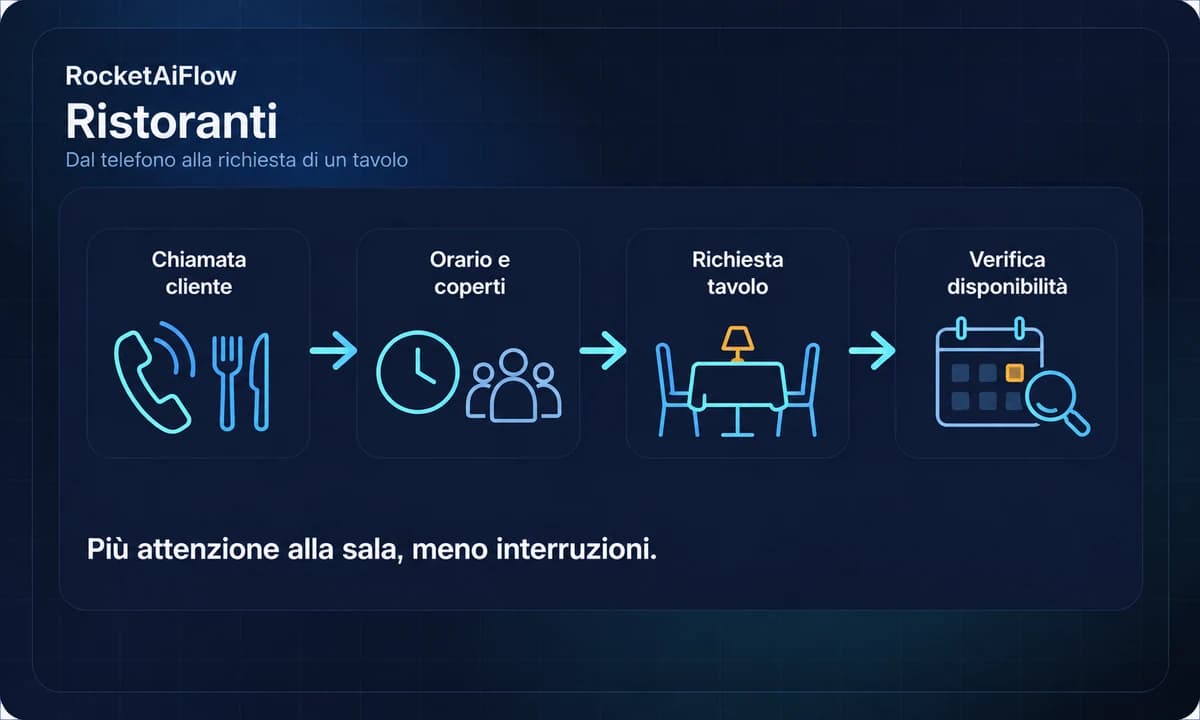 Flusso AI per ristoranti: chiamata cliente, orario e coperti, richiesta tavolo e verifica disponibilità.